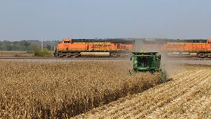 BNSF train passing by a field